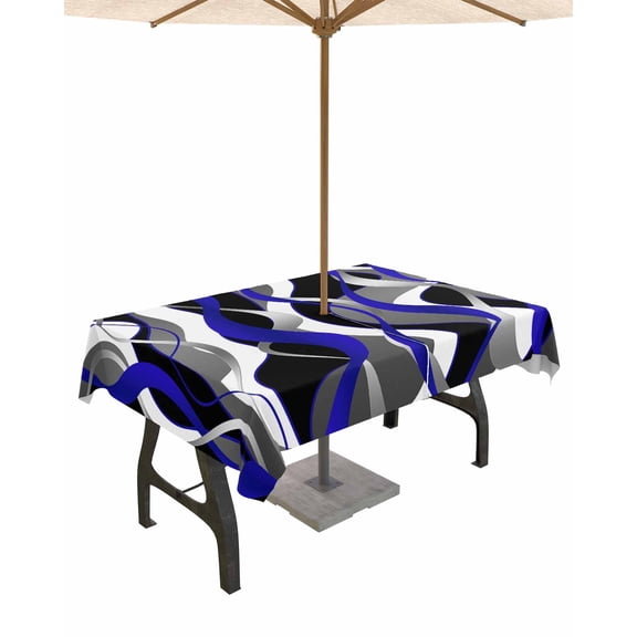 Hokiten Outdoor Tablecloths with Umbrella Hole & Zipper, Blue Stripe Rectangle Tablecloth 52x70 Inch, Ombre Grey Moire Geometric Modern Abstract Waterproof Table Cloth, Patio/Pool Table Covers