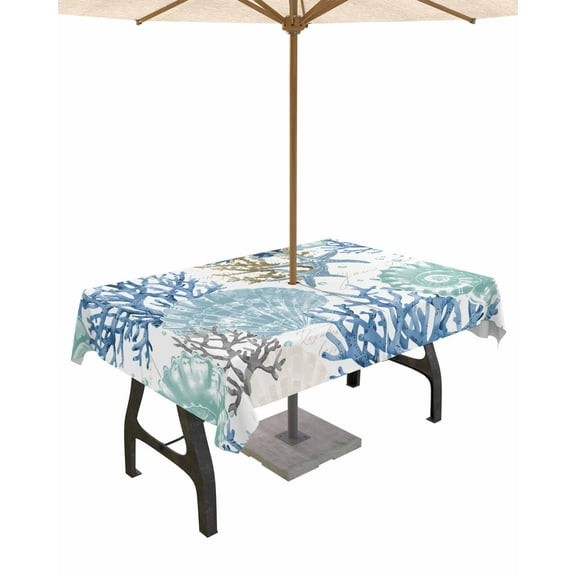 Hokiten Outdoor Tablecloths with Umbrella Hole & Zipper, Blue Teal Coastal 54x80 Inch Tablecloth Rectangle, Summer Beach Nautical Coral Starfish Waterproof Table Cloth, Patio/Pool Table Covers