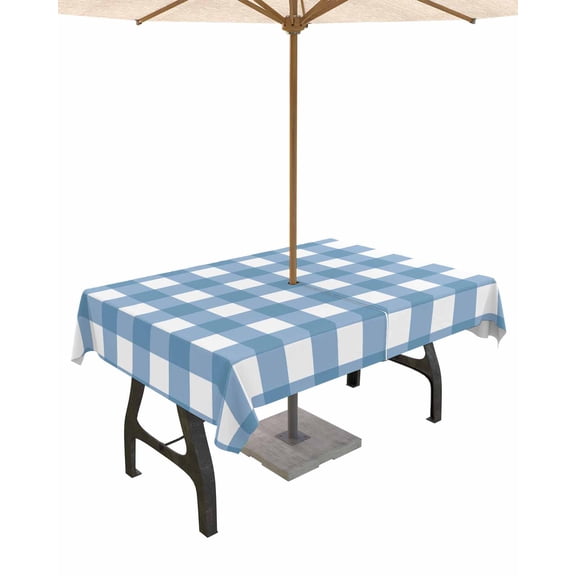 Hokiten Outdoor Tablecloths with Umbrella Hole & Zipper, Blue White Plaid Rectangle Tablecloth 60x120 Inch, Gradient Geometric Buffalo Checkered Waterproof Table Cloth, Patio/Pool Table Covers