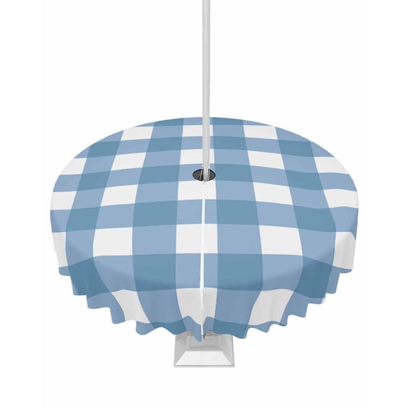 Hokiten Outdoor Tablecloths with Umbrella Hole & Zipper, Blue White Plaid Round Tablecloths 60 Inch, Gradient Geometric Buffalo Checkered Waterproof Table Cloth, Patio/Pool/Picnic Table Covers