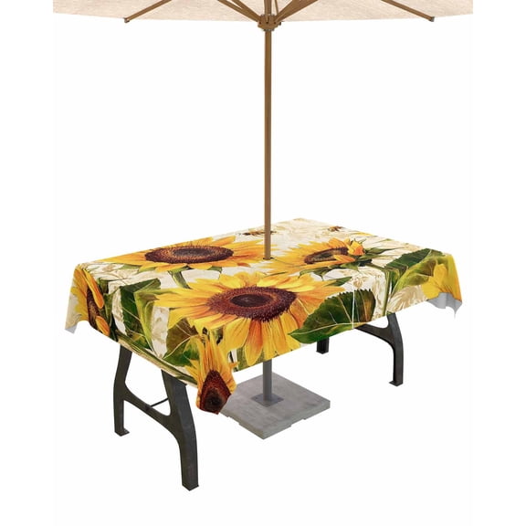 Hokiten Outdoor Tablecloths with Umbrella Hole & Zipper, Botanical Sunflowers Rectangle Tablecloth 52x70 Inch, Summer Garden Flowers Bees Rustic Waterproof Table Cloth, Patio/Pool Table Covers
