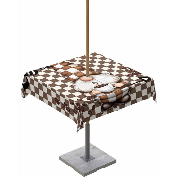 Hokiten Outdoor Tablecloths with Umbrella Hole & Zipper, Brown Gnome 54x54 Inch Square Tablecloths, Coffee Beans Vintage Plaid Abstract Waterproof Table Cloth, Patio/Pool/Picnic Table Covers