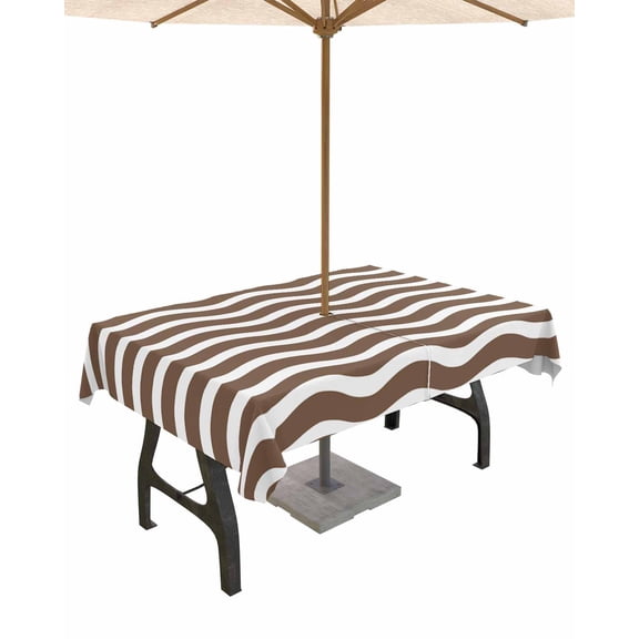 Hokiten Outdoor Tablecloths with Umbrella Hole & Zipper, Brown White Rectangle Tablecloth 52x70 Inch, Modern Abstract Waves Water Ripple Striped Waterproof Table Cloth, Patio/Pool Table Covers
