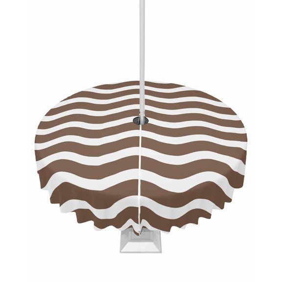 Hokiten Outdoor Tablecloths with Umbrella Hole & Zipper, Brown White Round Tablecloth 54 Inch, Modern Abstract Waves Water Ripple Striped Waterproof Table Cloth, Patio/Pool/Picnic Table Covers