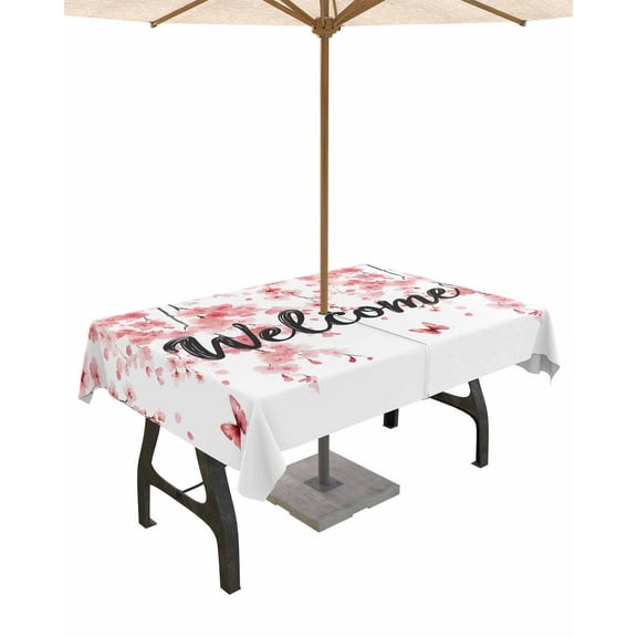 Hokiten Outdoor Tablecloths with Umbrella Hole & Zipper, Cherry Blossoms Rectangle Tablecloth 60x120 Inch, Butterfly Pink Flower Pastoral Spring Waterproof Table Cloth, Patio/Pool Table Covers