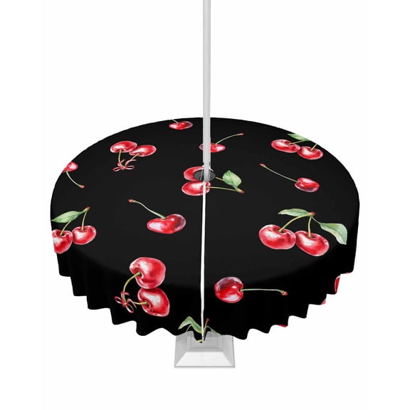 Hokiten Outdoor Tablecloths with Umbrella Hole & Zipper, Cherry Rustic Round Tablecloth 54 Inch, Spring Summer Tropic Fruit Black Waterproof Table Cloth, Patio/Pool/Picnic Table Covers