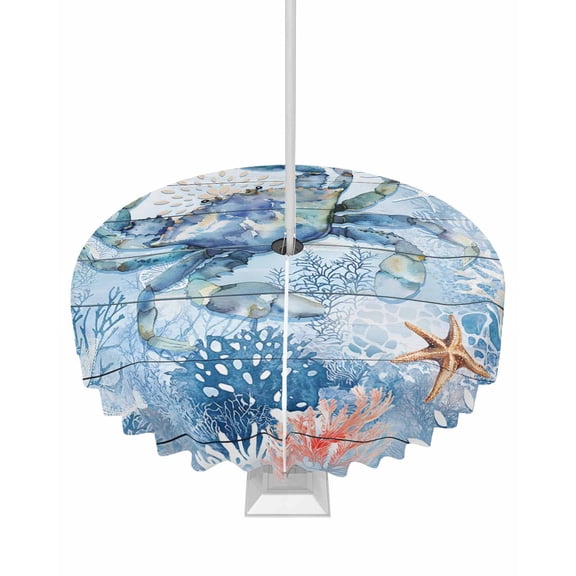Hokiten Outdoor Tablecloths with Umbrella Hole & Zipper, Coastal Blue Crab Round Tablecloth 54 Inch, Ocean Nautical Starfish Coral Wooden Waterproof Table Cloth, Patio/Pool/Picnic Table Covers
