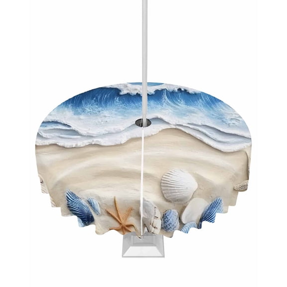 Hokiten Outdoor Tablecloths with Umbrella Hole & Zipper, Coastal Blue Round Tablecloth 54 Inch, Starfish Beach Ocean Shell Sand Painting Waterproof Table Cloth, Patio/Pool/Picnic Table Covers