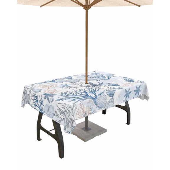 Hokiten Outdoor Tablecloths with Umbrella Hole & Zipper, Coastal Coral Tablecloth Rectangle 60x84 Inch, Vintage Ocean Blue Starfish Conch Nature Waterproof Table Cloth, Patio/Pool Table Covers