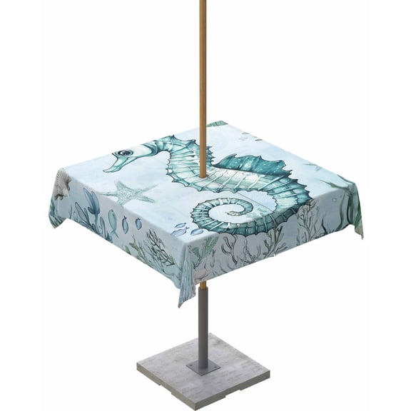 Hokiten Outdoor Tablecloths with Umbrella Hole & Zipper, Coastal Seahorse 60x60 Inch Square Tablecloths, Ocean Nautical Starfish Seashells Coral Waterproof Table Cloth, Patio/Pool Table Covers
