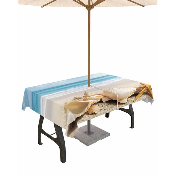 Hokiten Outdoor Tablecloths with Umbrella Hole & Zipper, Coastal Seashells Rectangle Tablecloth 60x120 Inch, Beach Ocean Nautical Starfish Conch Waterproof Table Cloth, Patio/Pool Table Covers
