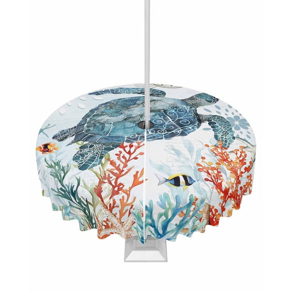 Hokiten Outdoor Tablecloths with Umbrella Hole & Zipper, Coastal Turtle Round Tablecloth 54 Inch, Summer Beach Nautical Coral Starfish Waterproof Table Cloth, Patio/Pool/Picnic Table Covers