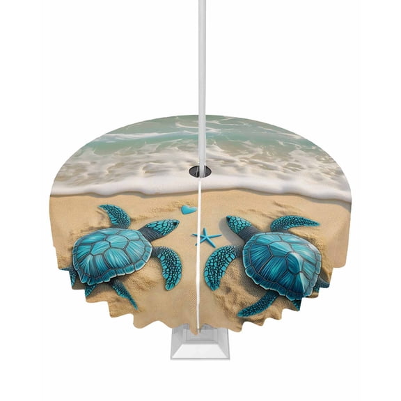 Hokiten Outdoor Tablecloths with Umbrella Hole & Zipper, Coastal Turtle Round Tablecloth 54 Inch, Summer Beach Nautical Ocean Waves Waterproof Table Cloth, Patio/Pool/Picnic Table Covers
