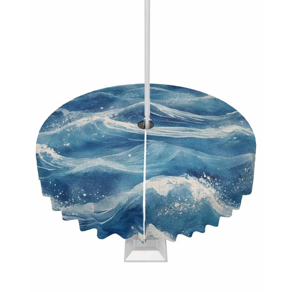 Hokiten Outdoor Tablecloths with Umbrella Hole & Zipper, Coastal Waves Round Tablecloth 54 Inch, Summer Beach Ocean Nautical Burlap Waterproof Table Cloth, Patio/Pool/Picnic Table Covers