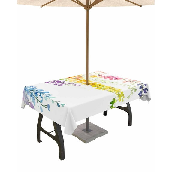 Hokiten Outdoor Tablecloths with Umbrella Hole & Zipper, Colorful Botanical Tablecloth Rectangle 60x84 Inch, Spring Floral Weeping Watercolor Waterproof Table Cloth, Patio/Pool/Picnic Table Covers