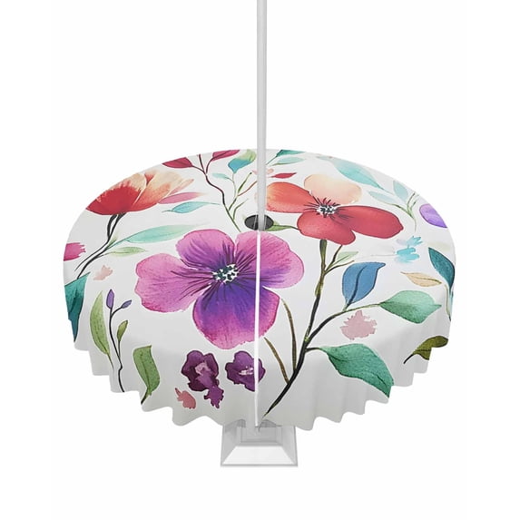 Hokiten Outdoor Tablecloths with Umbrella Hole & Zipper, Colorful Floral Round Tablecloths 60 Inch, Abstract Art Botanical Leaves Waterproof Table Cloth, Patio/Pool/Picnic Table Covers