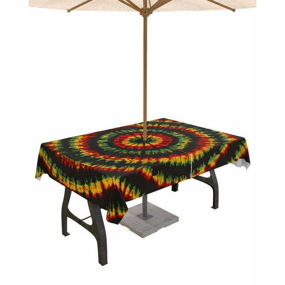 Hokiten Outdoor Tablecloths with Umbrella Hole & Zipper, Colorful Ombre Boho Rectangle Tablecloth 52x70 Inch, Retro Red Green Yellow Gradient Art Waterproof Table Cloth, Patio/Pool Table Covers