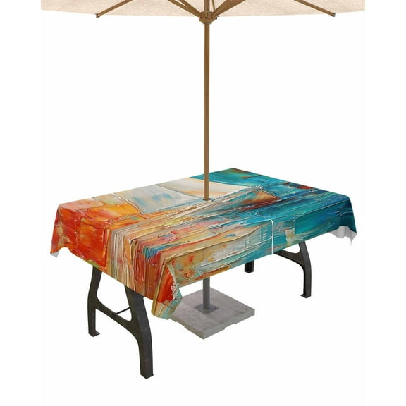 Hokiten Outdoor Tablecloths with Umbrella Hole & Zipper, Colorful Ship Tablecloth Rectangle 60x84 Inch, Modern Abstract Art Ombre Oil Painting Waterproof Table Cloth, Patio/Pool/Picnic Table Covers