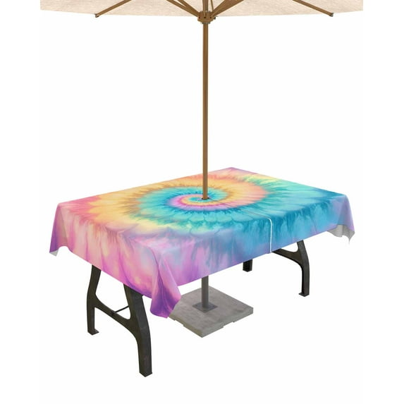 Hokiten Outdoor Tablecloths with Umbrella Hole & Zipper, Colorful Tie Dye 60 x102 Inch Rectangle Tablecloths, Rainbow Ombre Abstract Pattern Art Waterproof Table Cloth, Patio/Pool Table Covers