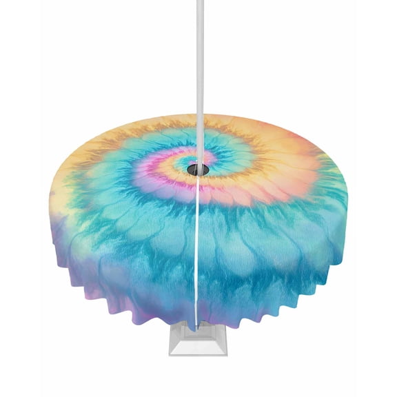 Hokiten Outdoor Tablecloths with Umbrella Hole & Zipper, Colorful Tie Dye Round Tablecloth 54 Inch, Rainbow Ombre Abstract Pattern Art Waterproof Table Cloth, Patio/Pool/Picnic Table Covers