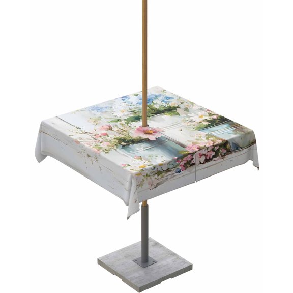 Hokiten Outdoor Tablecloths with Umbrella Hole & Zipper, Daisies Flowers 60x60 Inch Square Tablecloths, Pink Blue Floral Farm Plant Wooden Plank Waterproof Table Cloth, Patio/Pool Table Covers