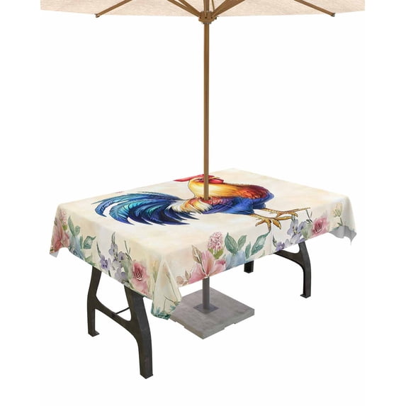 Hokiten Outdoor Tablecloths with Umbrella Hole & Zipper, Farmhouse Chicken Tablecloth Rectangle 60x84 Inch, Watercolor Flowers Floral Farmhouse Waterproof Table Cloth, Patio/Pool/Picnic Table Covers