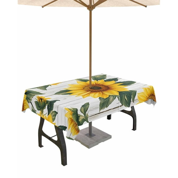 Hokiten Outdoor Tablecloths with Umbrella Hole & Zipper, Farmhouse Sunflowers 60 x102 Inch Rectangle Tablecloths, Botanical Floral Wooden Grain Waterproof Table Cloth, Patio/Pool/Picnic Table Covers