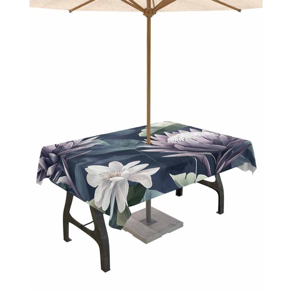 Hokiten Outdoor Tablecloths with Umbrella Hole & Zipper, Flower Plant Rectangle Tablecloth 52x70 Inch, Vintage Floral Nature Watercolor Palm Leaf Waterproof Table Cloth, Patio/Pool Table Covers