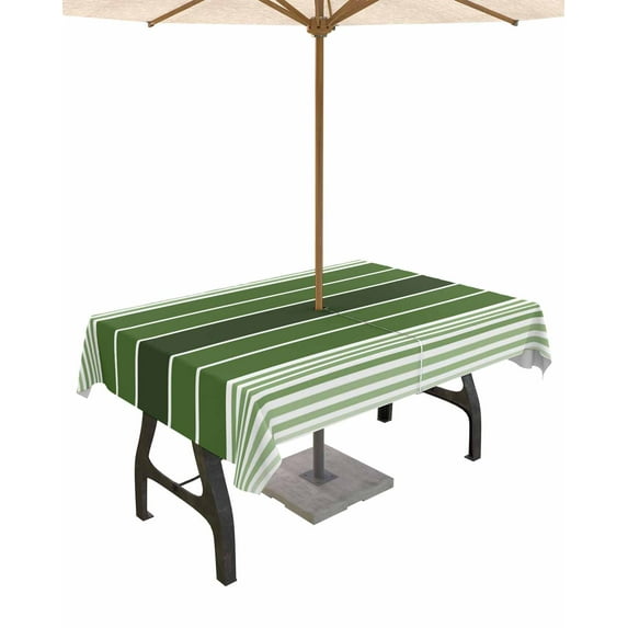 Hokiten Outdoor Tablecloths with Umbrella Hole & Zipper, Forest Green Ombre Stripe 54x80 Inch Tablecloth Rectangle, Farmhouse Striped Gradient Waterproof Table Cloth, Patio/Pool/Picnic Table Covers