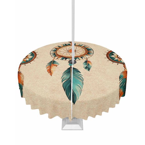 Hokiten Outdoor Tablecloths with Umbrella Hole & Zipper, Geometric Feathers Round Tablecloth 54 Inch, Retro Abstract Aesthetics Farmhouse Waterproof Table Cloth, Patio/Pool/Picnic Table Covers