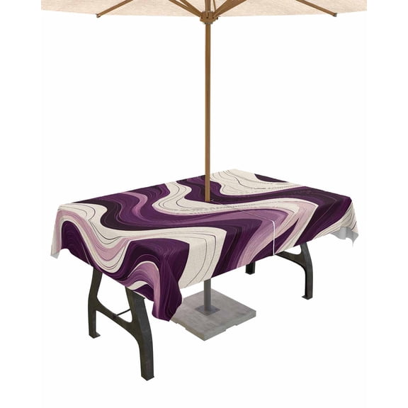 Hokiten Outdoor Tablecloths with Umbrella Hole & Zipper, Geometric Purple Rectangle Tablecloth 52x70 Inch, Vintage White Stripe Coastal Sea Wave Waterproof Table Cloth, Patio/Pool Table Covers