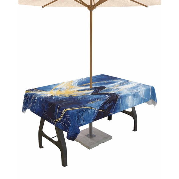 Hokiten Outdoor Tablecloths with Umbrella Hole & Zipper, Gold Blue Sky Rectangle Tablecloth 52x70 Inch, Abstract Vintage Oil Painting Art Waterproof Table Cloth, Patio/Pool/Picnic Table Covers