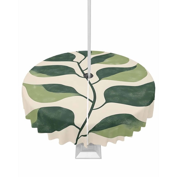 Hokiten Outdoor Tablecloths with Umbrella Hole & Zipper, Green Botanical Round Tablecloth 54 Inch, Elegant Tropical Leaf Summer Waterproof Table Cloth, Patio/Pool/Picnic Table Covers