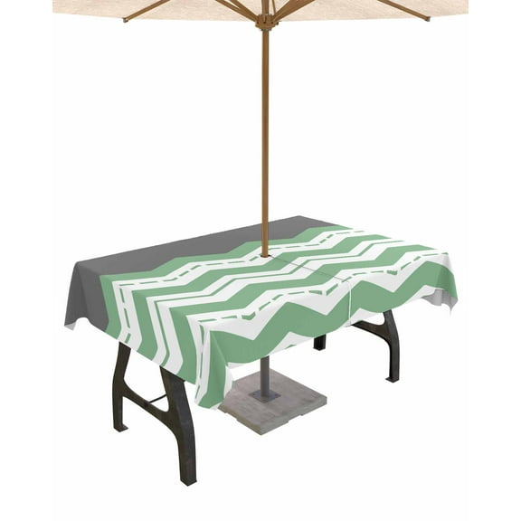 Hokiten Outdoor Tablecloths with Umbrella Hole & Zipper, Green Chevron Rectangle Tablecloth 60x120 Inch, Geometric Grey Print Wavy Striped White Waterproof Table Cloth, Patio/Pool Table Covers