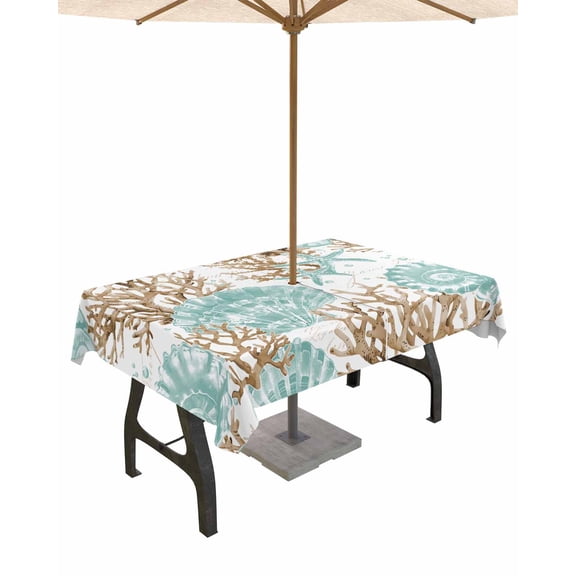 Hokiten Outdoor Tablecloths with Umbrella Hole & Zipper, Green Coastal Seashells Rectangle Tablecloth 52x70 Inch, Nautical Brown Coral Starfish Waterproof Table Cloth, Patio/Pool/Picnic Table Covers