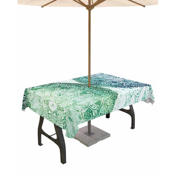 Hokiten Outdoor Tablecloths with Umbrella Hole & Zipper, Green Floral Circle 60 x102 Inch Rectangle Tablecloths, Watercolor Abstract Art Waterproof Table Cloth, Patio/Pool/Picnic Table Covers