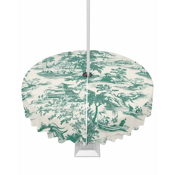 Hokiten Outdoor Tablecloths with Umbrella Hole & Zipper, Green Garden Retro Round Tablecloth 54 Inch, Modern Art Building Tree Boat Waterproof Table Cloth, Patio/Pool/Picnic Table Covers