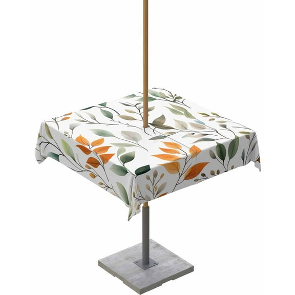 Hokiten Outdoor Tablecloths with Umbrella Hole & Zipper, Green Orange Eucalyptus 54x54 Inch Square Tablecloths, Summer Watercolor Botanical Leaf Waterproof Table Cloth, Patio/Pool Table Covers