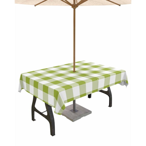 Hokiten Outdoor Tablecloths with Umbrella Hole & Zipper, Green Plaid Rectangle Tablecloth 52x70 Inch, Gradient Geometric Buffalo White Checkered Waterproof Table Cloth, Patio/Pool Table Covers