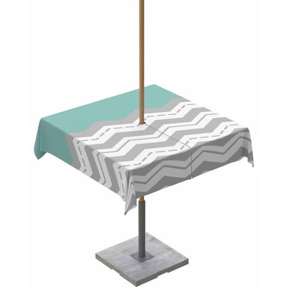 Hokiten Outdoor Tablecloths with Umbrella Hole & Zipper, Grey Chevron 54x54 Inch Square Tablecloths, Geometric Turquoise Print Wavy Striped White Waterproof Table Cloth, Patio/Pool Table Covers