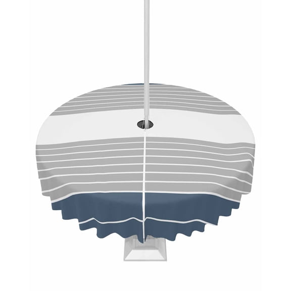 Hokiten Outdoor Tablecloths with Umbrella Hole & Zipper, Haze Blue Grey Stripe Round Tablecloth 54 Inch, Modern Art Horizontal Striped Waterproof Table Cloth, Patio/Pool/Picnic Table Covers