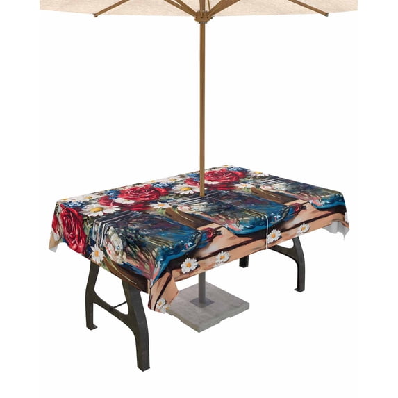 Hokiten Outdoor Tablecloths with Umbrella Hole & Zipper, Independence Day Flowers 54x80 Inch Tablecloth Rectangle, Rose Vintage Daisy Painting Waterproof Table Cloth, Patio/Pool/Picnic Table Covers