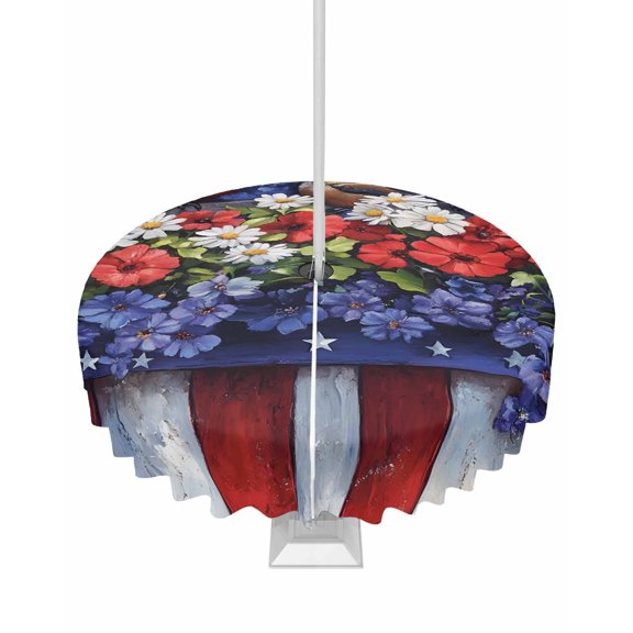 Hokiten Outdoor Tablecloths with Umbrella Hole & Zipper, Independence Day Round Tablecloth 54 Inch, 4th of July Red Blue Poppy Flower Waterproof Table Cloth, Patio/Pool/Picnic Table Covers