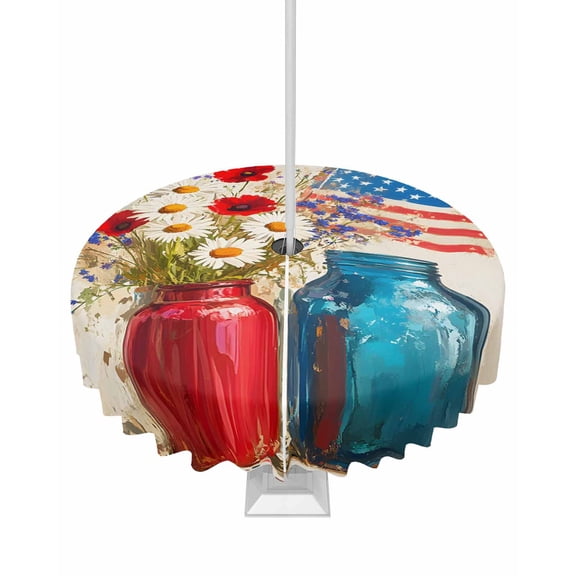 Hokiten Outdoor Tablecloths with Umbrella Hole & Zipper, Independence Day Round Tablecloth 54 Inch, Red Blue American Flag Poppy Flower Waterproof Table Cloth, Patio/Pool/Picnic Table Covers