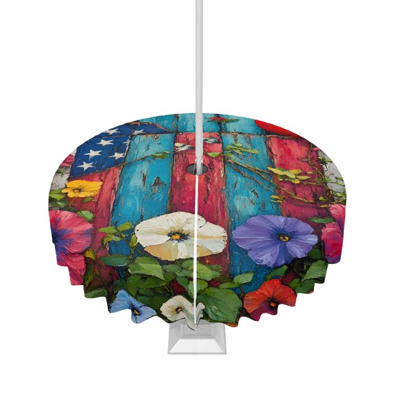 Hokiten Outdoor Tablecloths with Umbrella Hole & Zipper, Independence Day Round Tablecloth 54 Inch, Red Blue Star Stripe Poppy Flower Waterproof Table Cloth, Patio/Pool/Picnic Table Covers