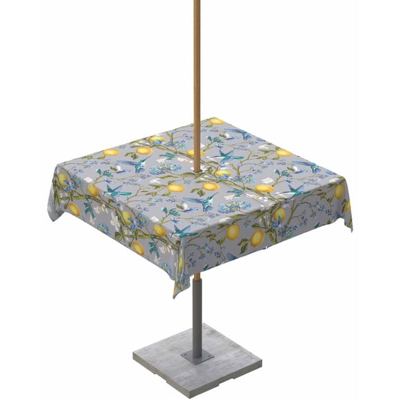 Hokiten Outdoor Tablecloths with Umbrella Hole & Zipper, Lemon Tree Birds 54x54 Inch Square Tablecloths, Green Botanical Blue Floral Waterproof Table Cloth, Patio/Pool/Picnic Table Covers
