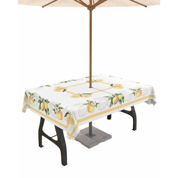 Hokiten Outdoor Tablecloths with Umbrella Hole & Zipper, Lemon Yellow 54x80 Inch Tablecloth Rectangle, Modern Country Flower Floral Summer Spring Waterproof Table Cloth, Patio/Pool Table Covers
