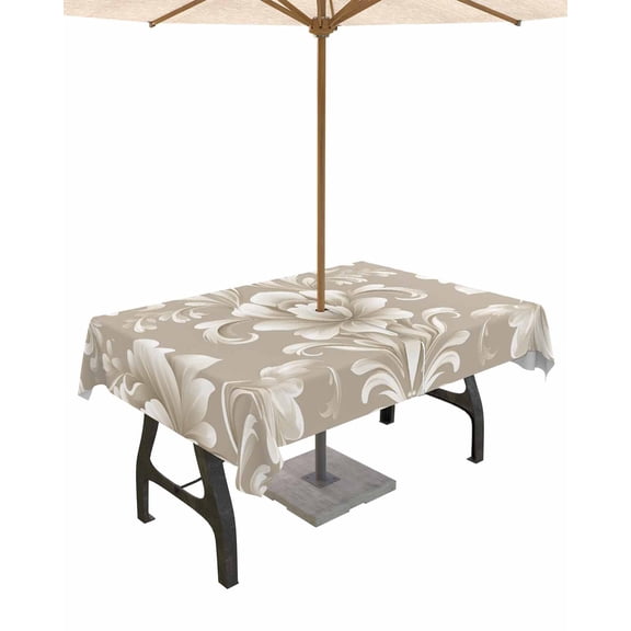 Hokiten Outdoor Tablecloths with Umbrella Hole & Zipper, Light Brown Flowers Rectangle Tablecloth 60x120 Inch, Rustic Boho Ethnic Middle Century Waterproof Table Cloth, Patio/Pool Table Covers