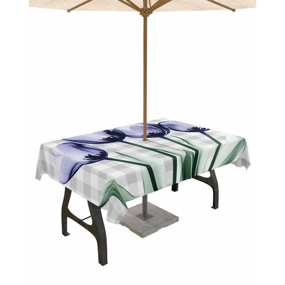 Hokiten Outdoor Tablecloths with Umbrella Hole & Zipper, Light Purple Tulip 60 x102 Inch Rectangle Tablecloths, Farmhouse Flowers Grey Checkered Waterproof Table Cloth, Patio/Pool Table Covers