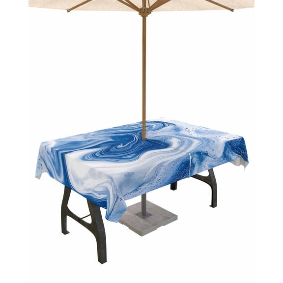 Hokiten Outdoor Tablecloths with Umbrella Hole & Zipper, Marble Blue Rectangle Tablecloth 60x120 Inch, Ceramic Style Grunge Scratches Watercolor Waterproof Table Cloth, Patio/Pool Table Covers